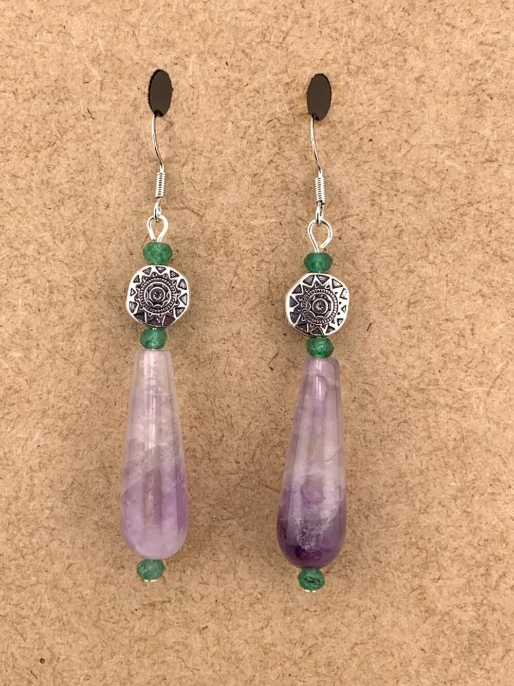 Amethyst Green Chalcedony Silvertoned Gemstone Boho Handcrafted Earrings LR210